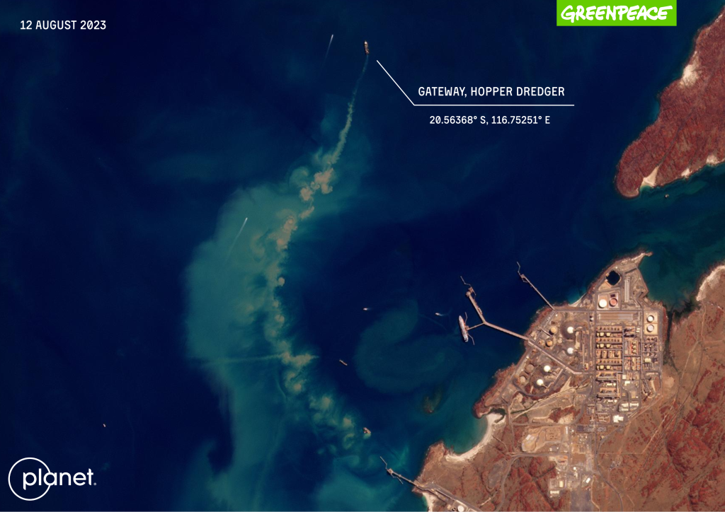 Greenpeace used satellite images to show Woodside dredging in the Dampier Archipelago, off the Pilbara coast in northern Western Australia. The area is a critical breeding habitat for sea turtles, including endangered hawksbill turtles and green turtles.
